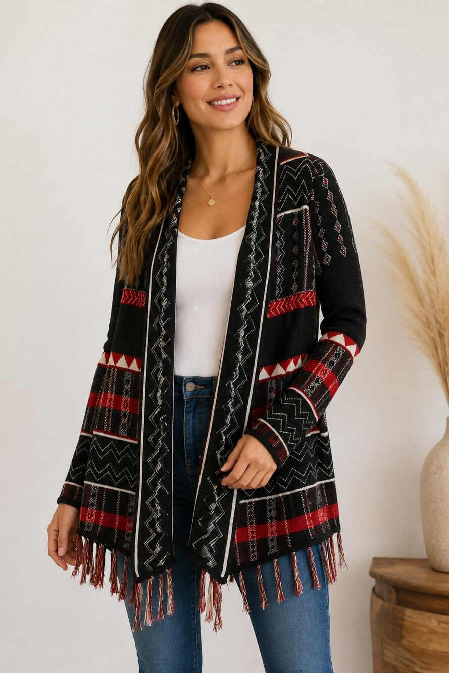 Y2K Billabong Designer’s Closet Cardigan Womens Size S Top Aztec Boho Fringe